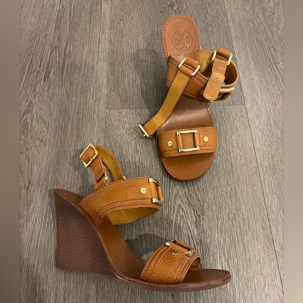 Tory‎ Burch Carys Brown genuine Leather Wedge Sandals
